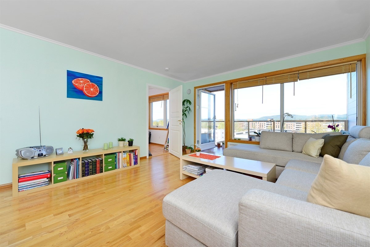 Lys og anvendelig stue mot balkong Galleribilde