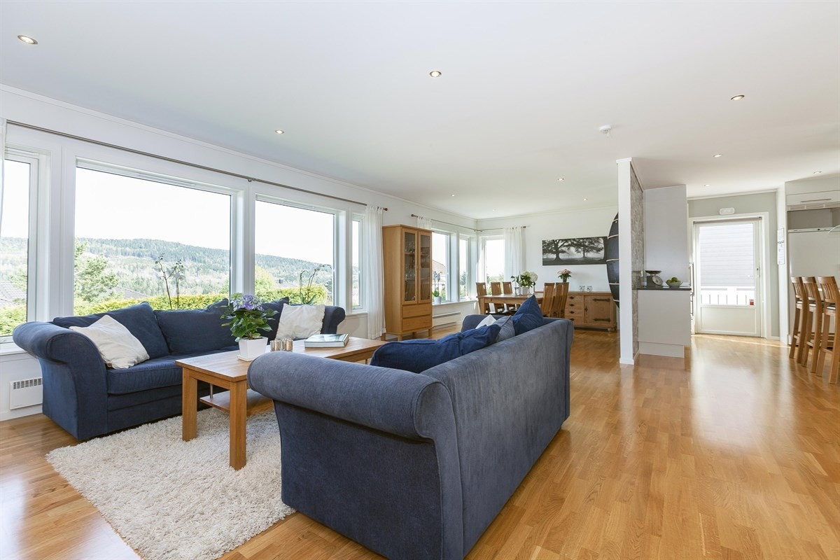 Store vinduer slipper inn masse lys i stuen. Galleribilde