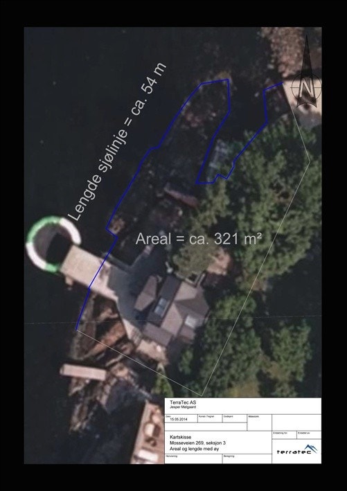 Kart fra oppmålingsselskapet Terratec som viser 54 meter strandlinje og området med eksklusiv bruksrett for Båtsmann på 321 m2. Galleribilde