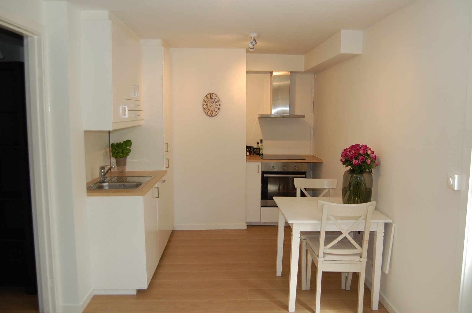 Kjøkken med integrerte hvitevarer, induksjonsplatetopp, ovn og avtrekksvifte. Galleribilde