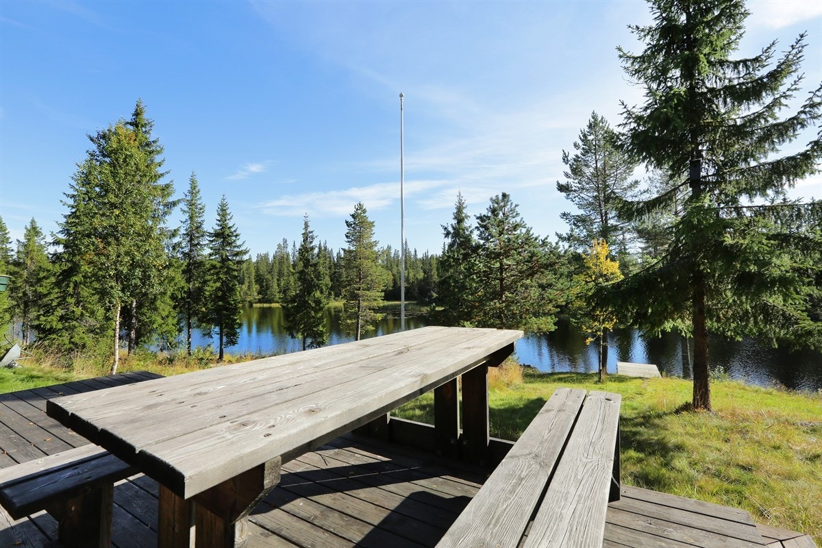 Foran hytta er det åpent og fint slik at en kan nyte solen og utsikten til vannet. Galleribilde