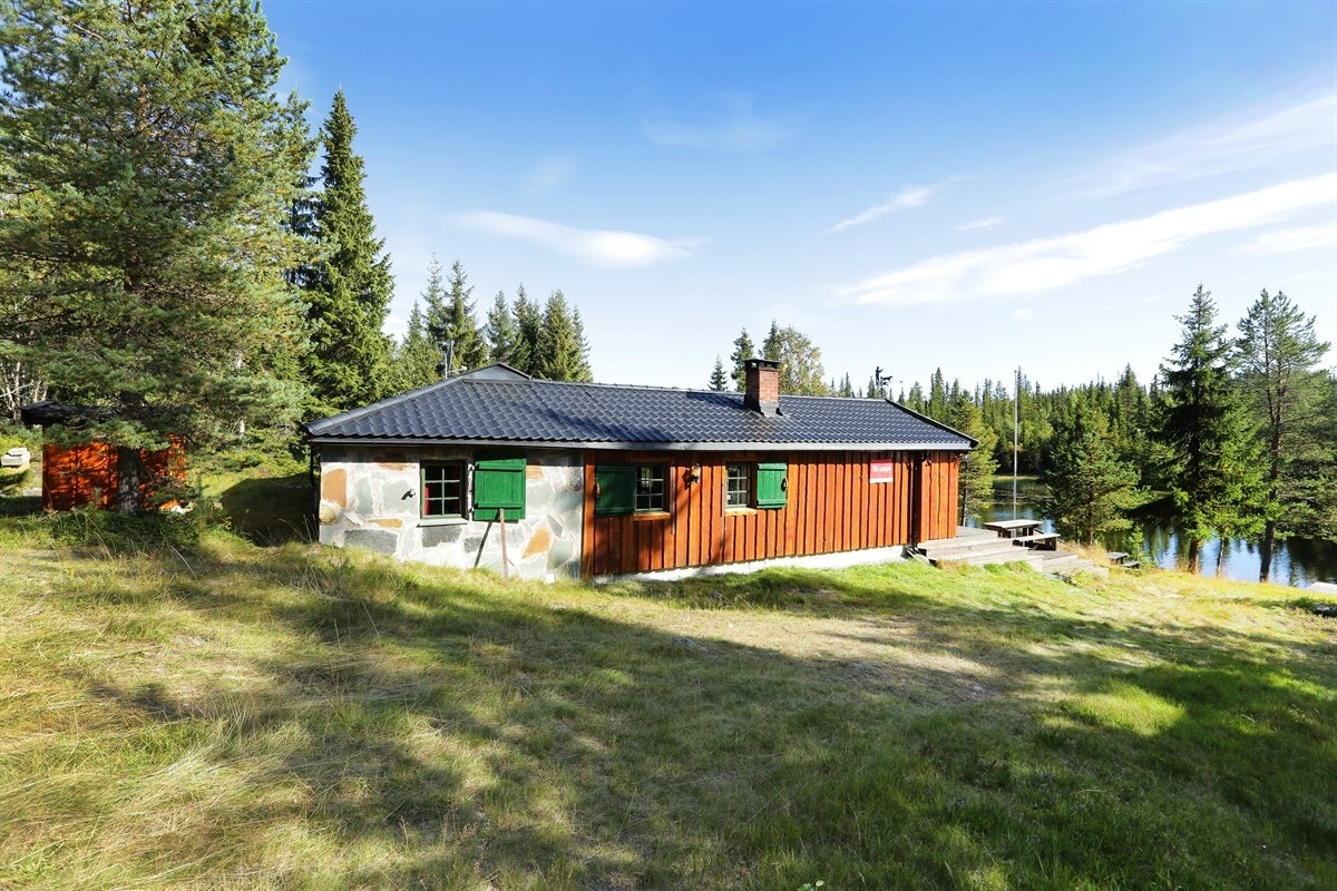 Hytta er kledd med villmarkspanel og har tilbygg forblendet med bruddskifer. Galleribilde
