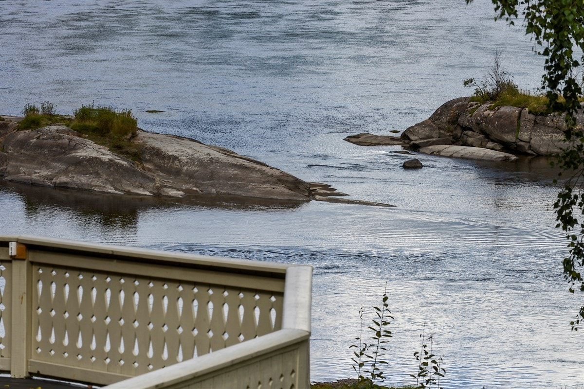 Vakker utsikt til Numedalslågen. Her ser man laksen hoppe fra terrassen. Galleribilde