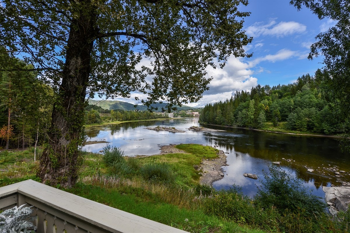 Vakker utsikt til Numedalslågen. Her ser man laksen hoppe fra terrassen. Galleribilde