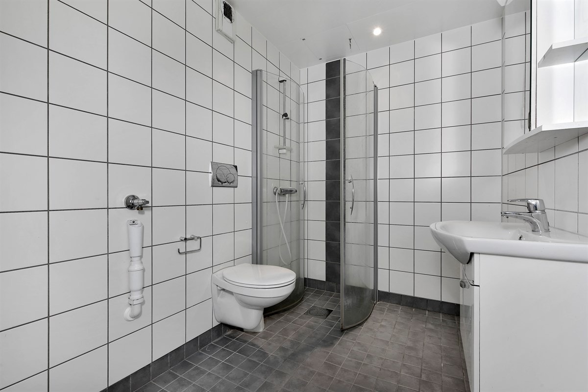 Videre er det speil med overbelysning, veggmontert toalett, dusjhjørne med innfellbare glassdører, elektrisk avtrekksvifte, samt opplegg for vaskemaskin og tørketrommel. Galleribilde