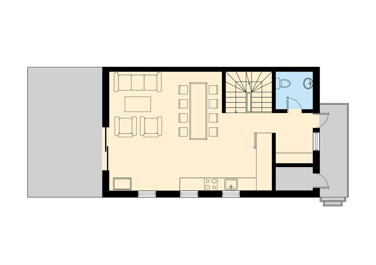1. etasje: Entré, toalettrom, stue med kjøkken og utgang til terrasse.
Huset disponerer en utebod ved inngangspartiet. Galleribilde