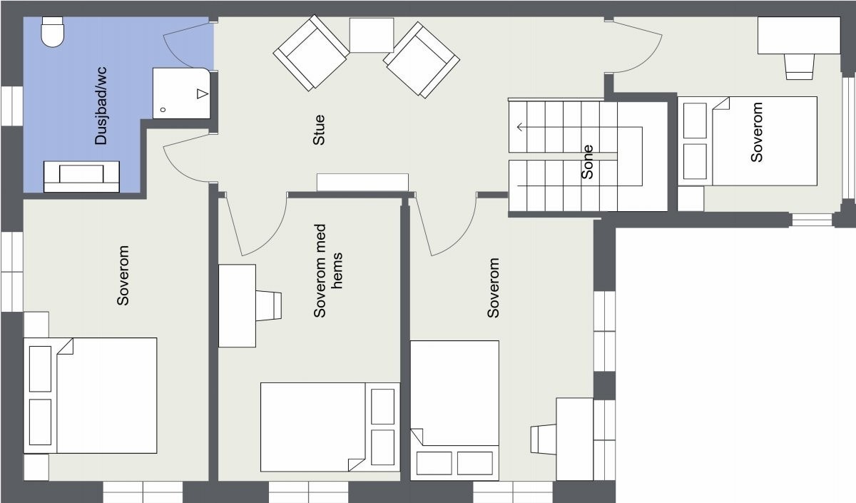 2. etasje: Bad, 4 soverom og stue. Galleribilde