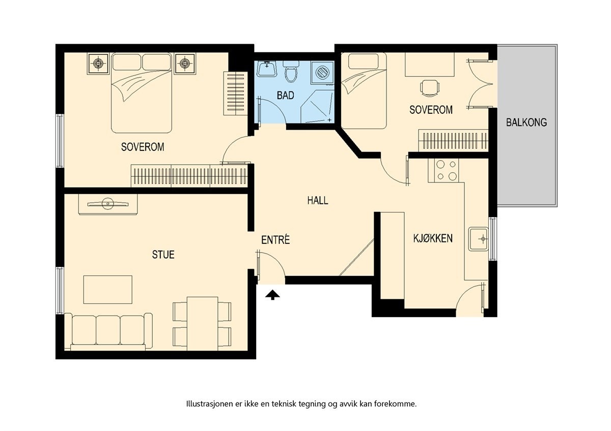 3. etasje: Hall, bad, 2 soverom, kjøkken og stue. Utgang til balkong fra minste soverom. Galleribilde