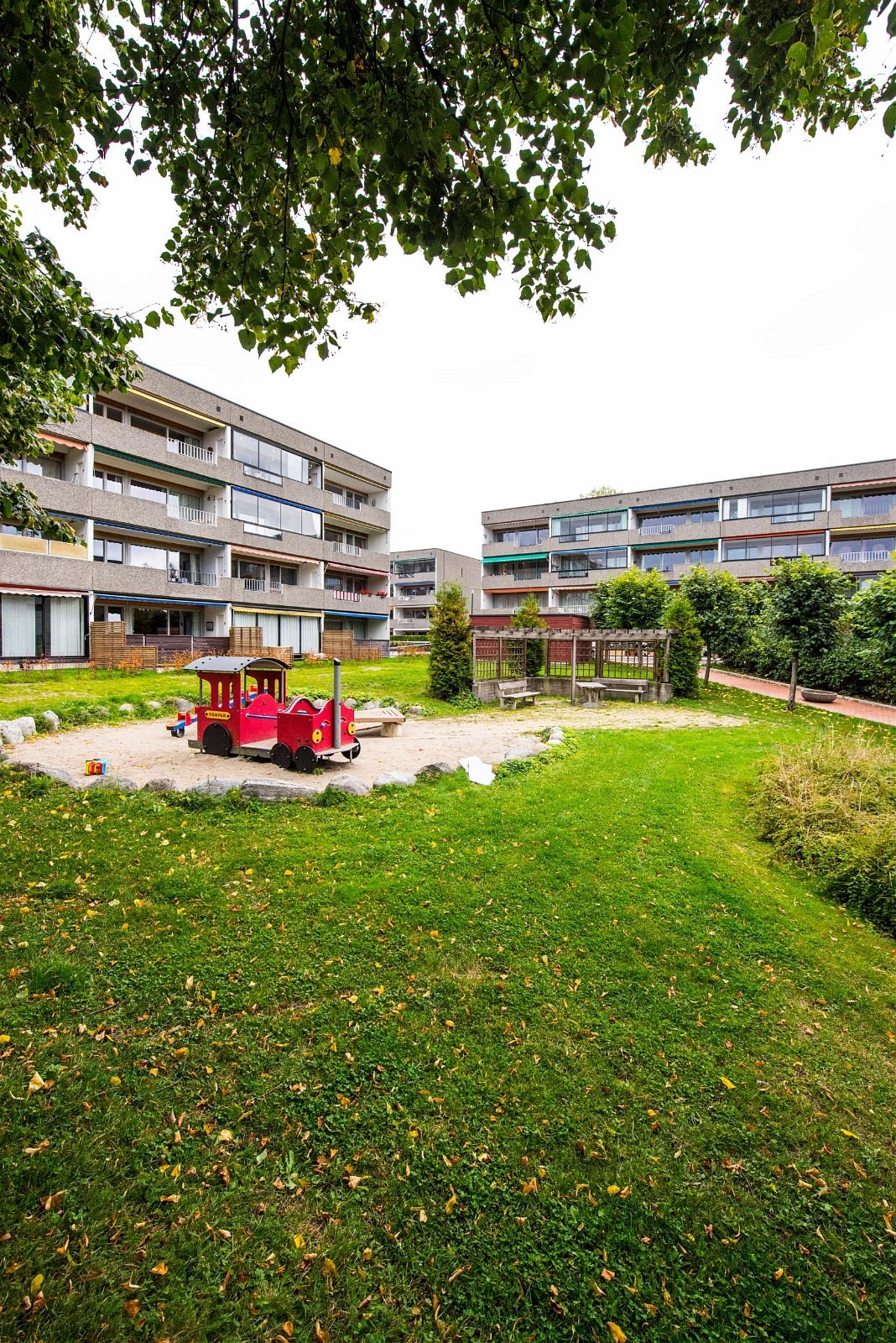 Opparbeidet bakgård med plen og beplantning som passer til årsidene Galleribilde