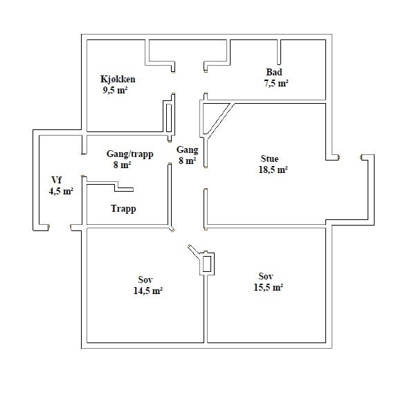 Boligens 1. etasje har 2 soverom og en stor stue pr. tid benyttet som soverom og har nedgang til markterrasse. Galleribilde