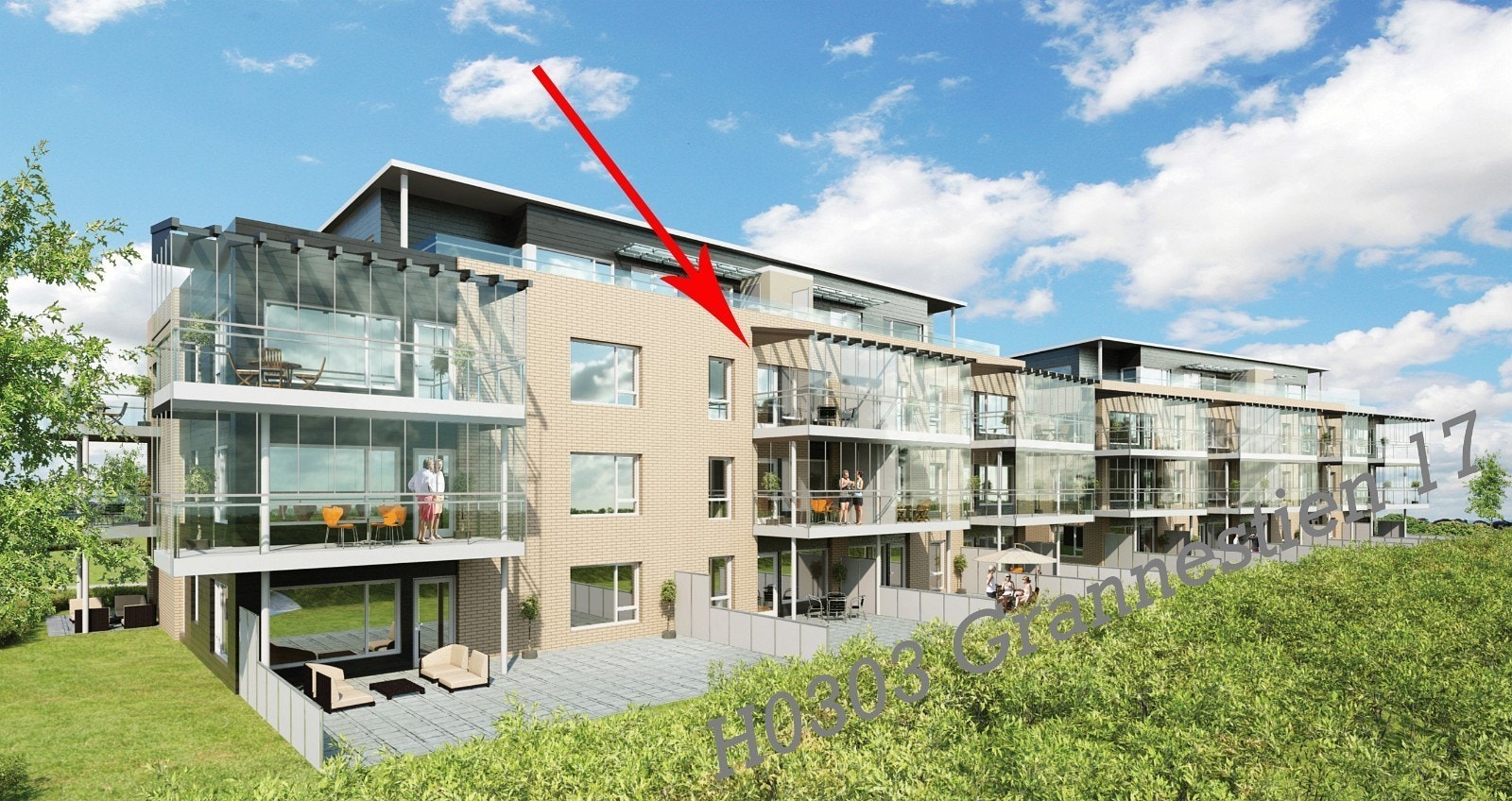 illustrasjonsfoto av fasade, vår leilighet vises med pil Galleribilde