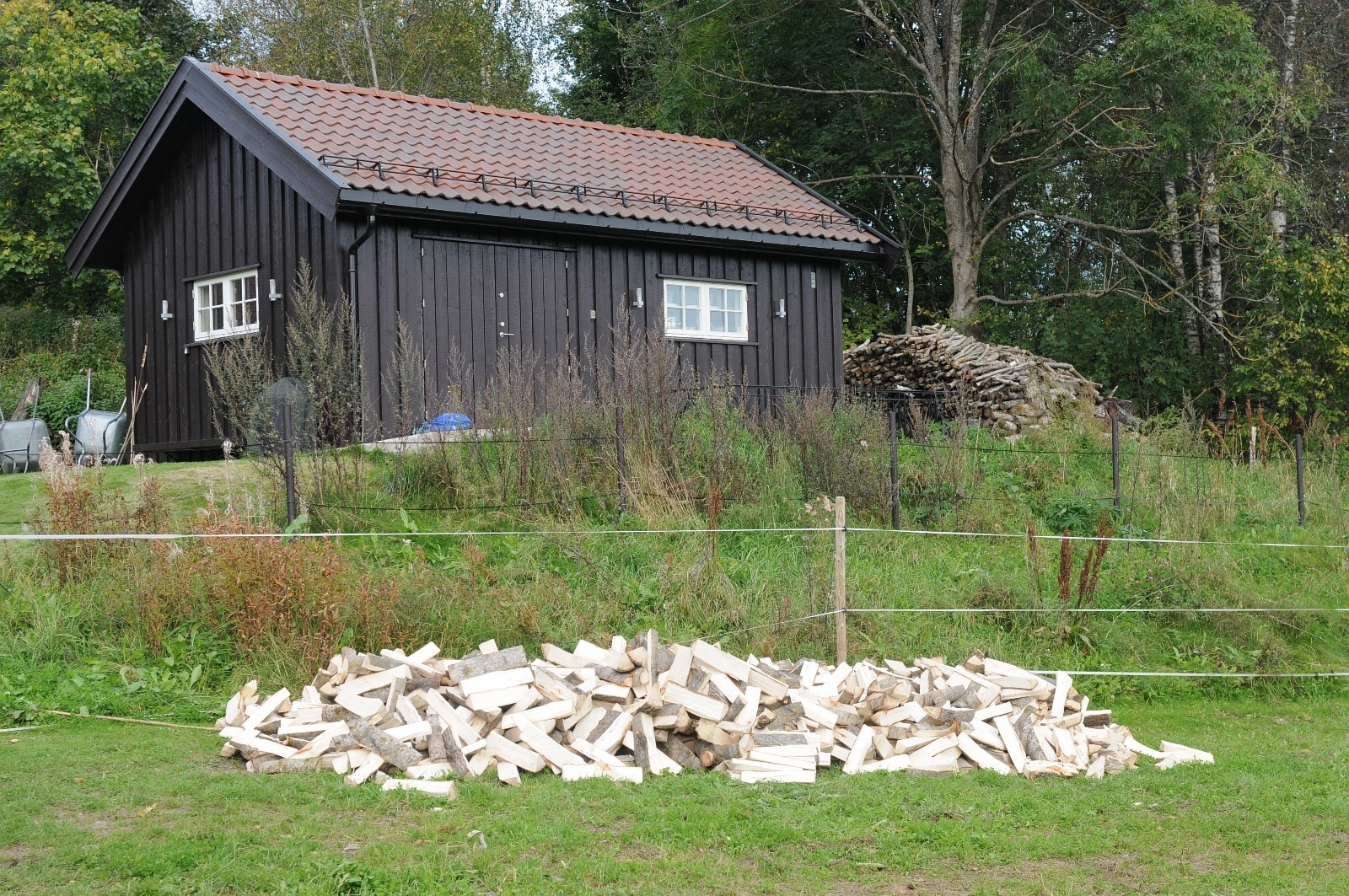 Snekkerboden med lagringsplass for hagemøbler, trampoliner osv. i kjelleren. Fri bruk av ved. Galleribilde