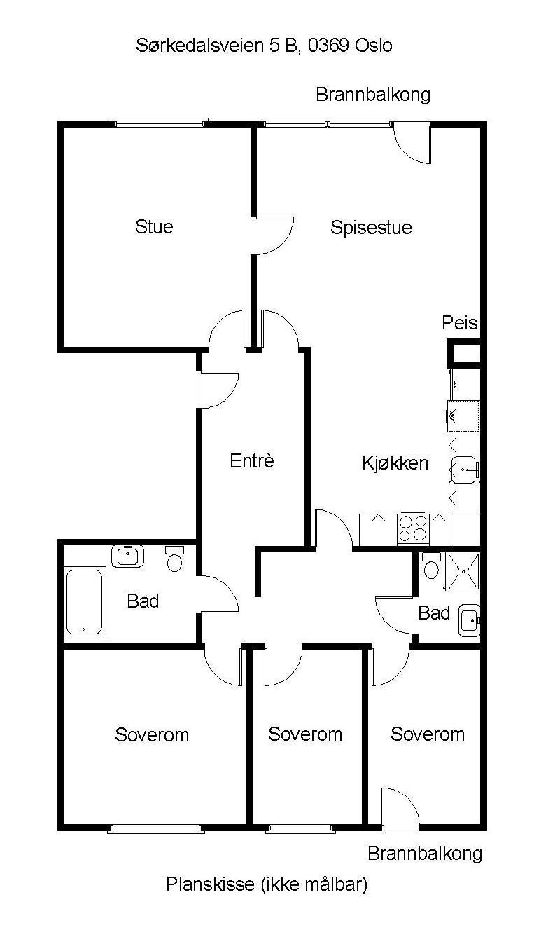 Planskisse. Det er bygget en vegg mellom kjøkken og spisestue. Galleribilde