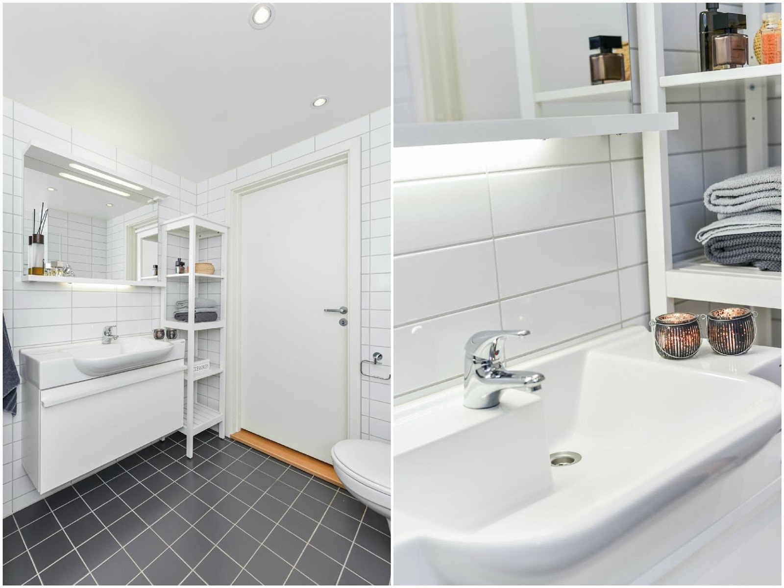 Delikat og stort badeværelse, varme i gulv, heldekkende servant på underskap, moderne fliser, downlights, vegghengt wc. Galleribilde