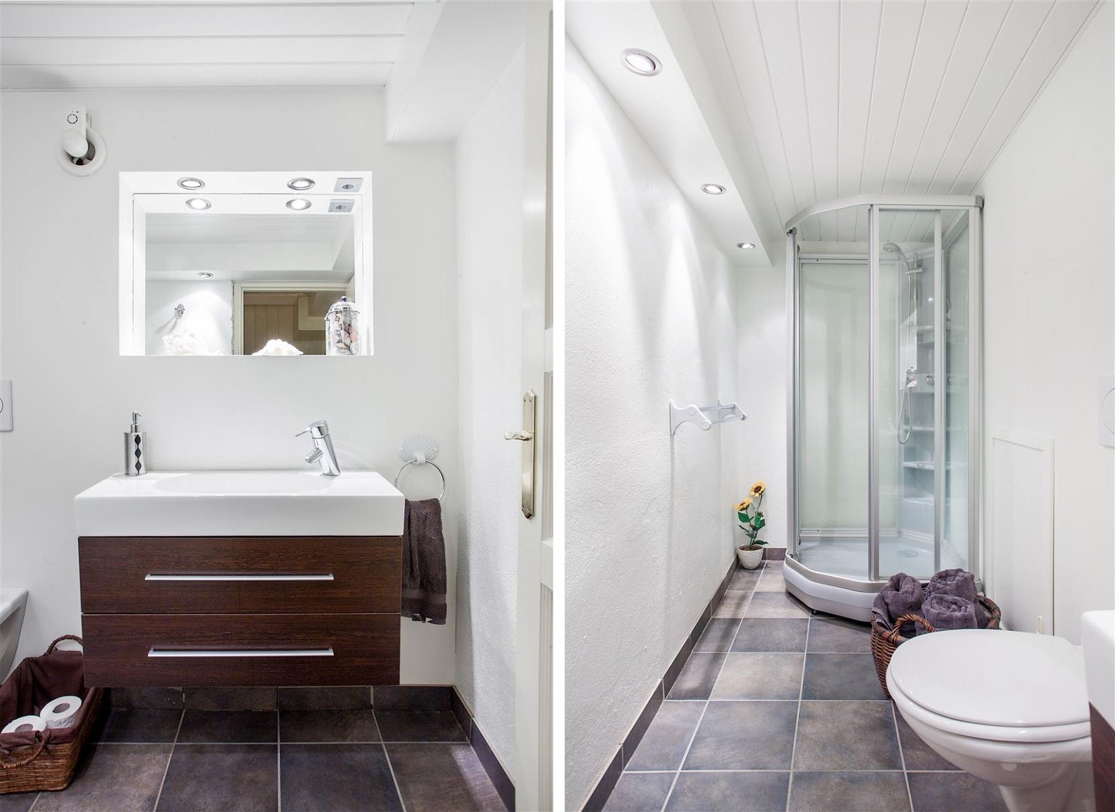 Badet i underetasje med fliser på gulv. Galleribilde