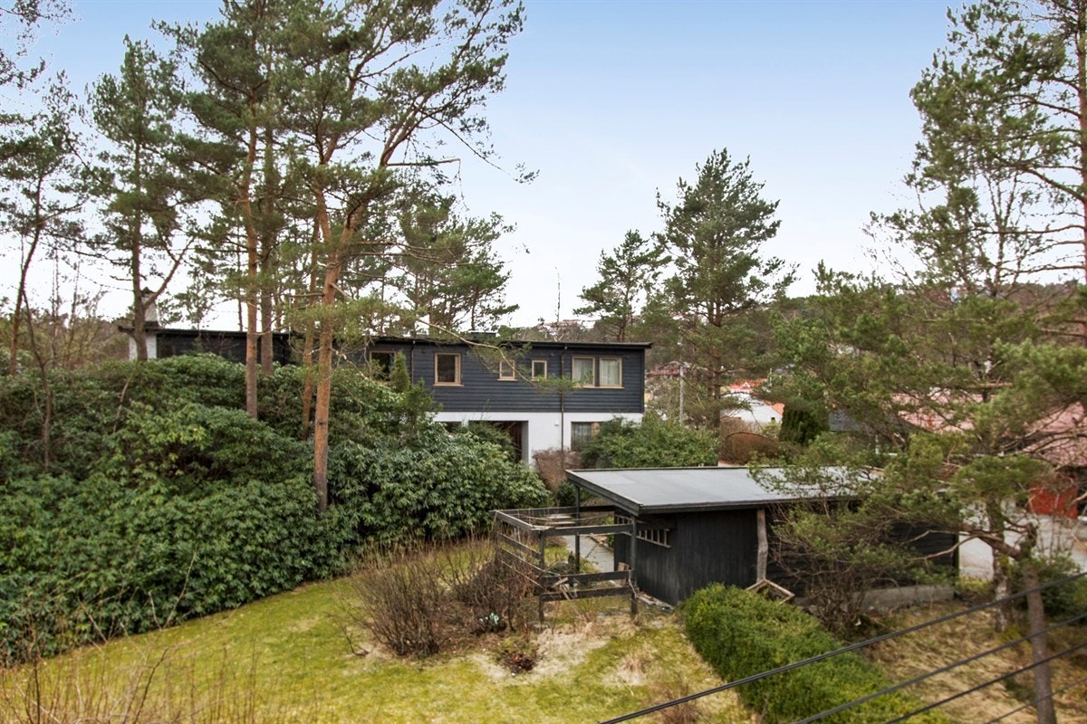 Hagen er solrik og skjermet. Her finner man rhododendron, rips, solbær og stikkelsbær. Det er og en del furutrær på tomten. På denne delen av eiendommen kommer solen ca. kl. 8 midtsommerstid. Galleribilde