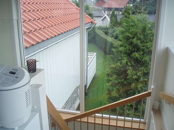 Utsikt mot hage fra allrom. Galleribilde