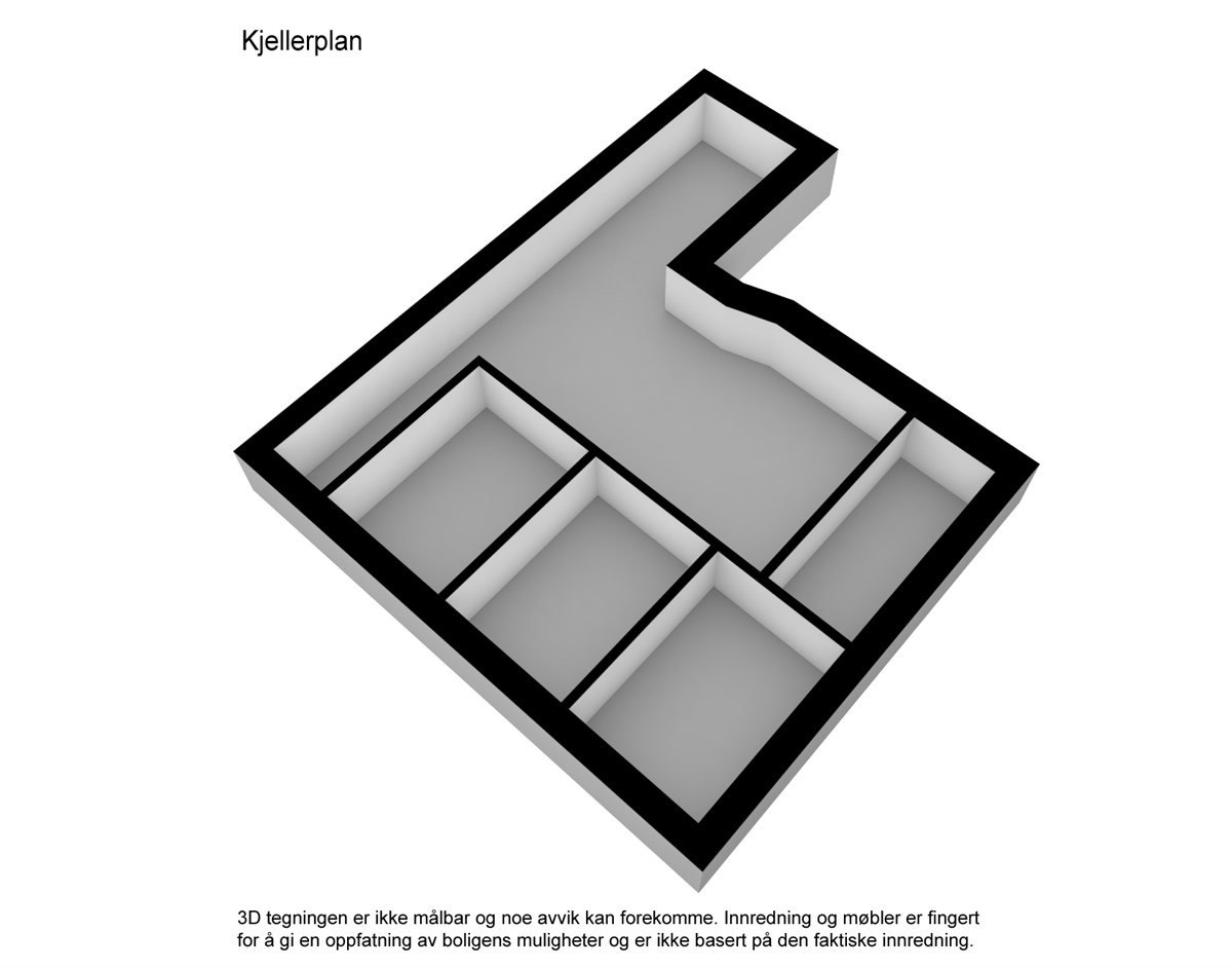 3D-plantegning, kjeller. Bod nederst til høyre tilhører leiligheten Galleribilde