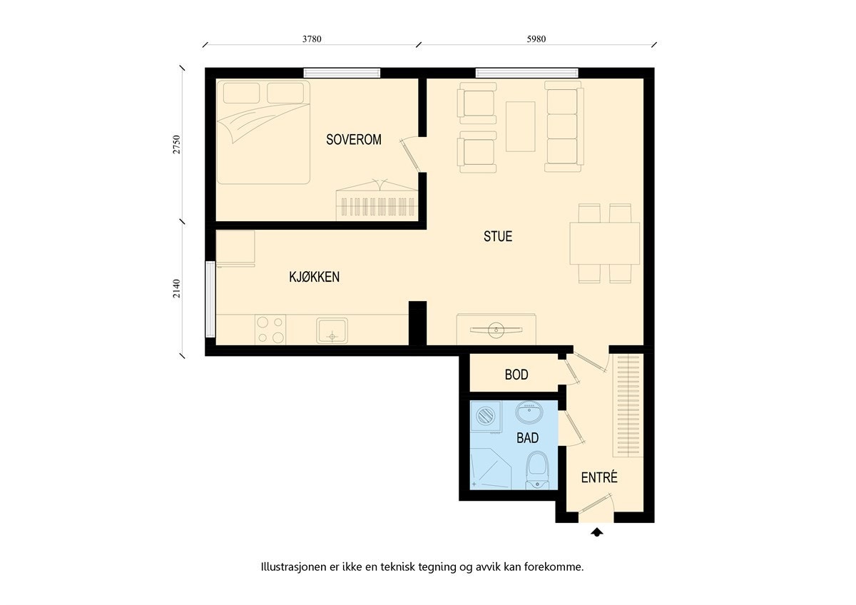 3. etasje: Entré/gang, kott, bad, soverom, kjøkken og stue.
Øvrig: Leiligheten disponerer også 1 kjellerbod. Fellesvaskeri i sameiet. Felles innendørs sykkelbod. Galleribilde
