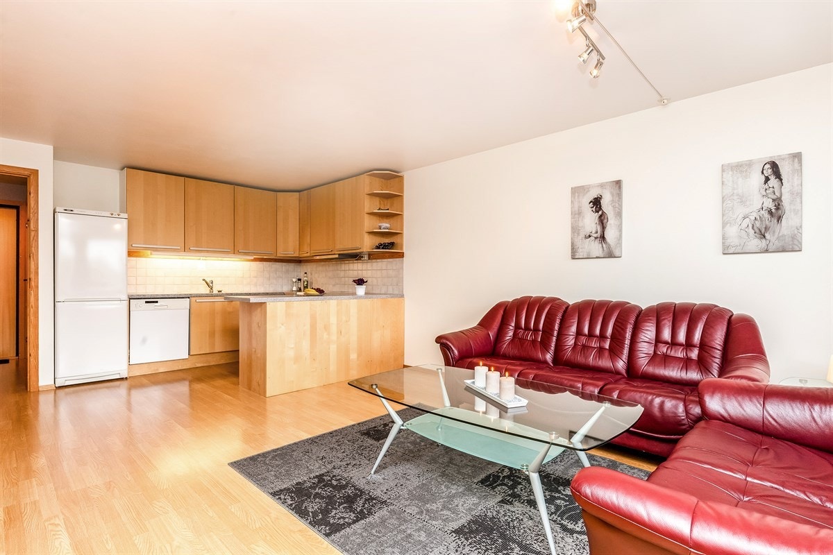 Stue med praktisk åpen kjøkkenløsning. Galleribilde