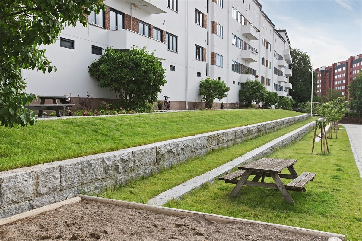 Tomten og gårdsrommet er spesielt pent opparbeidet og beplantet med grønne plener, planter, sittegrupper, kjøkkenhage, felles grill og felles gangvei. Det idylliske gårdsrommet oppleves som en oase av borettslagets beboere. Galleribilde