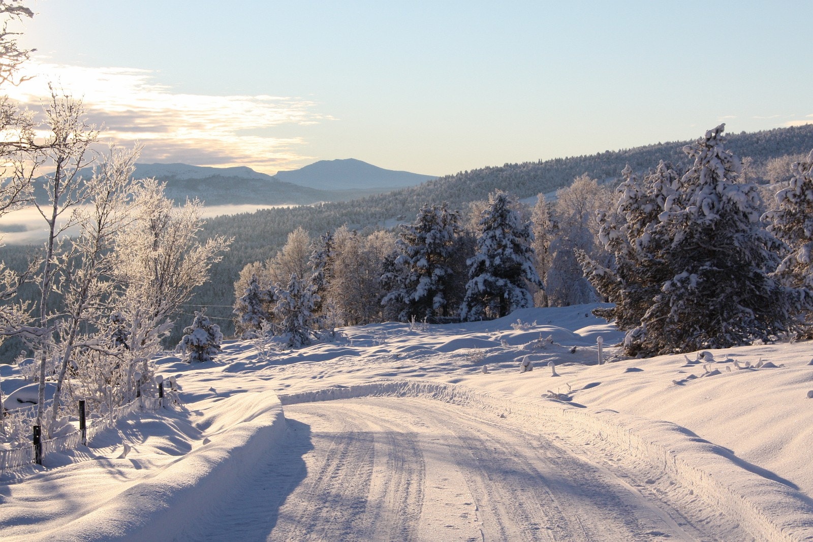 Heimstulen ligger så høyt oppe at du kan glede deg over klarvær og sol, når tåkå ligger lenger nede i dalen. Det er snø halve året på Heimstulen. Fjellet midt i bildet er Skaget (Storeskag) FOTO: Anne Mari Lo Galleribilde