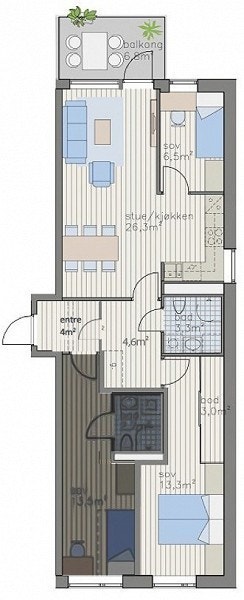 Plantegning som viser 4m2 delt inngangsparti og naboleiligheten. Møblene er kun for illustrasjon. Galleribilde