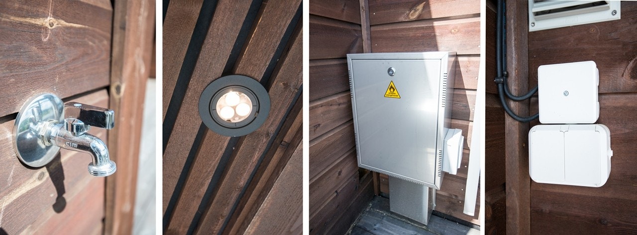 På terrassen er det vannkran, gassuttak, strømuttak og downlights. Galleribilde