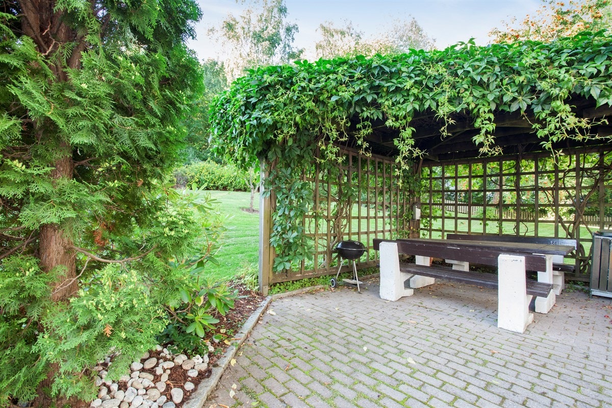Fine fellesareal med pen beplantning og hyggelig sittegruppe. Galleribilde