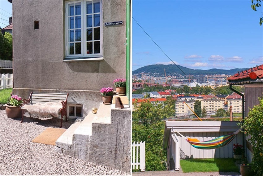 Tomten har mange favorittplasser; kaffe på trammen i morgensolen. Utsiktsplassen ved hengekøyen. Galleribilde