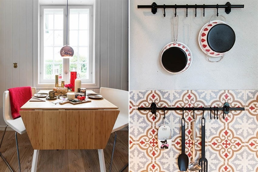 Koselig spiseplass med morgensol omgitt av malt original panel som er 101 år gammel. Galleribilde