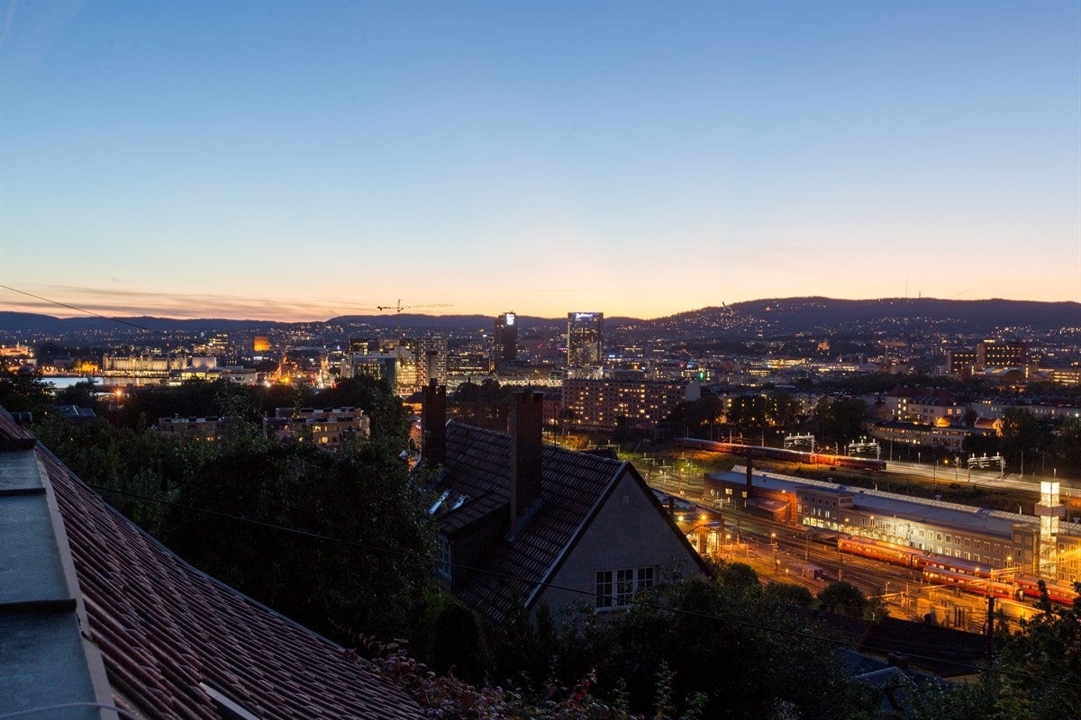 Det skjer ting i utsikten: trafikklys, sirener, tog, byggekraner, kirkespir og et gløtt av fjorden. Galleribilde