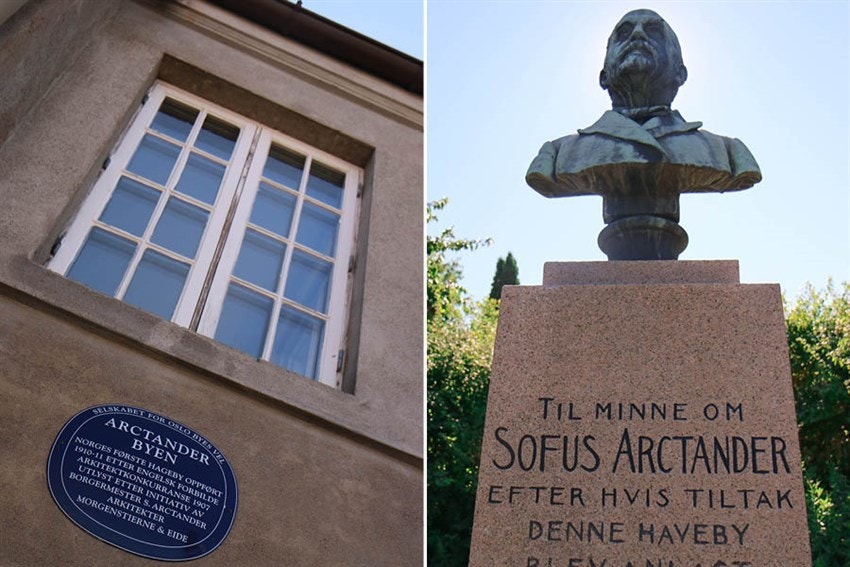 Norges første hageby ble anlagt av Sofus Arctander. En byste er reist like bortenfor huset. Galleribilde