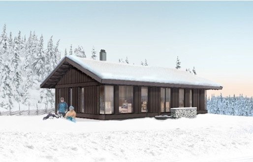 Dette bildet viser originalhytta Vy 19A fra Leve hytter og er her vist i et annet terreng enn i Kvitfjell Vest. For hytteplassering, se "Situasjonsplan". Galleribilde