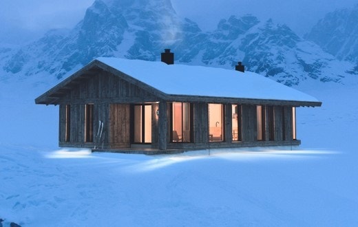 Dette bildet viser originalhytta Vy 21AT fra Leve hytter og er her vist i et annet terreng enn i Kvitfjell Vest. For hytteplassering, se "Situasjonsplan". Galleribilde