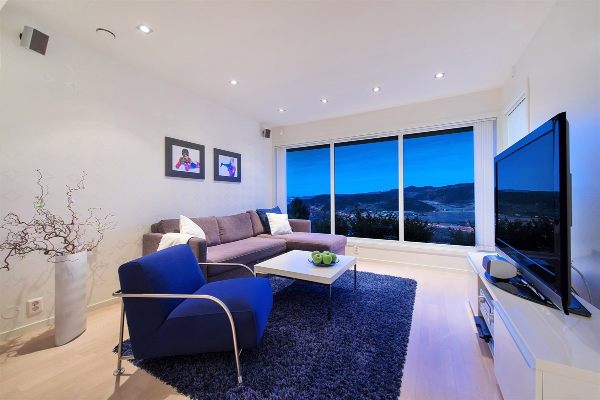 Kjellerstuen har en vegg av vinduer som slipper landskapet inn i rommet. Galleribilde