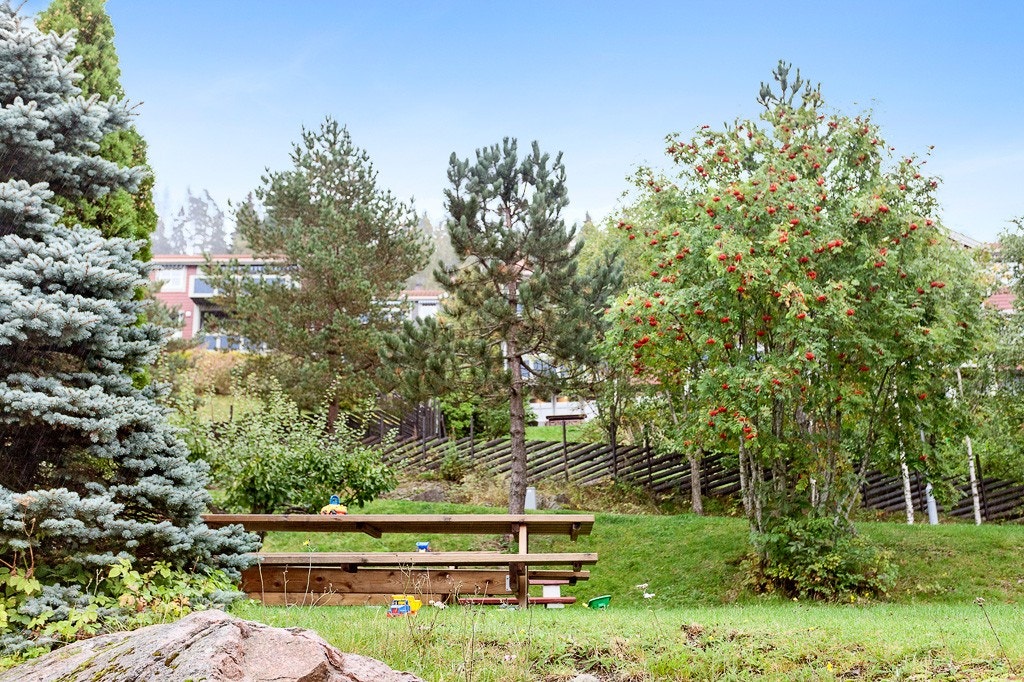 Tomten er delvis naturtomt og delvis opparbeidet med plener, prydbusker, lekeapparater, sittegrupper, utepeis og asfalterte gangveier. Galleribilde