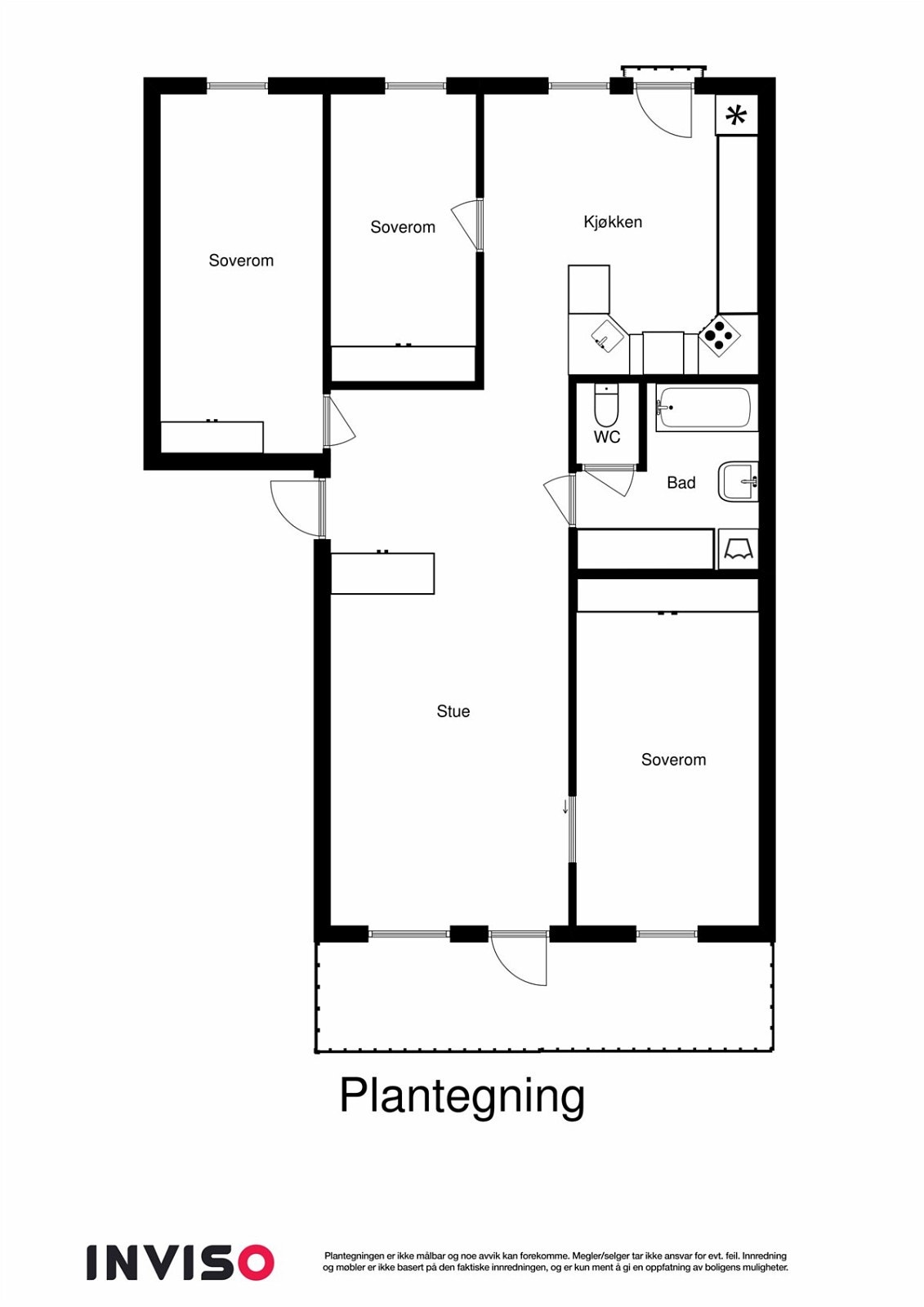 2D plantegning. Leilighetens planløsning gjør det mulig å flytte kjøkkenet inn til hovedsoverommet og åpne opp mot stuen, og lage soverom der kjøkkenet er plassert i dag. Galleribilde