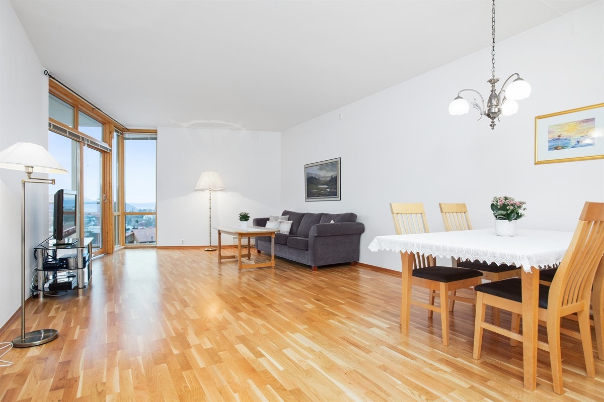 Stuens størrelse muliggjør flere møbleringsmuligheter for både sofagruppe og spisestue. Galleribilde