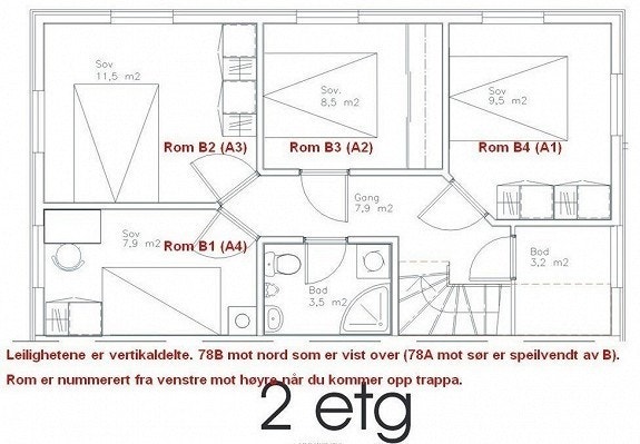 Planløsning for soverom i 2. etasje. I tillegg til fullt bad i 2. etasje er det bad med dusj i 1. etasje, samt bad uten dusj i 3. etasje. Galleribilde