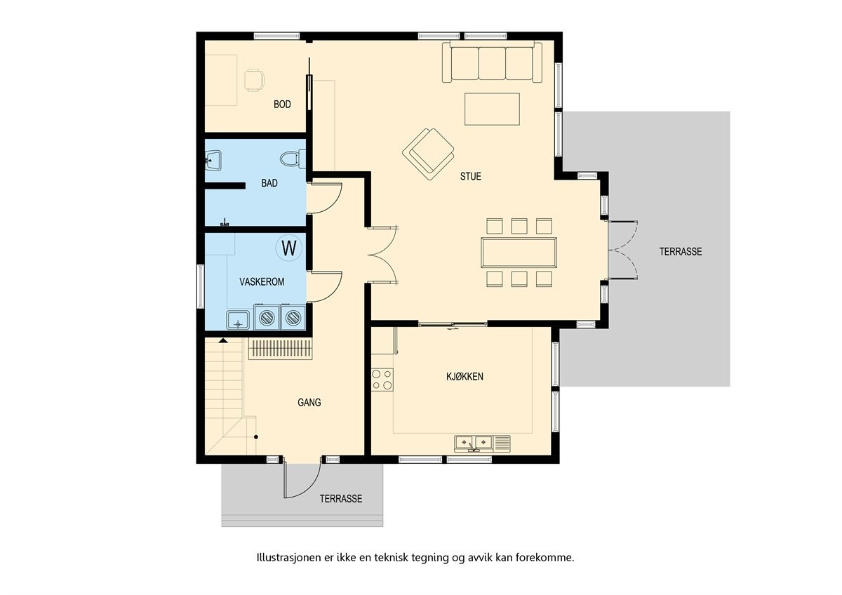 1. etasje: Hall, vaskerom, bad, disponibelt rom, kjøkken og stue med utgang til markterrasse. Galleribilde