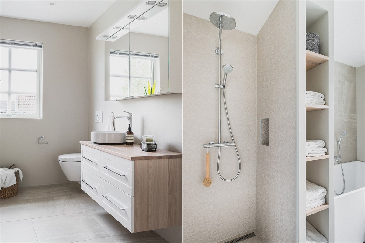 Husets hovedbad er særegent med overflater hovedsakelig i gråtoner og designpreget innredning som blant annet inkluderer innbyggede hyller. Galleribilde