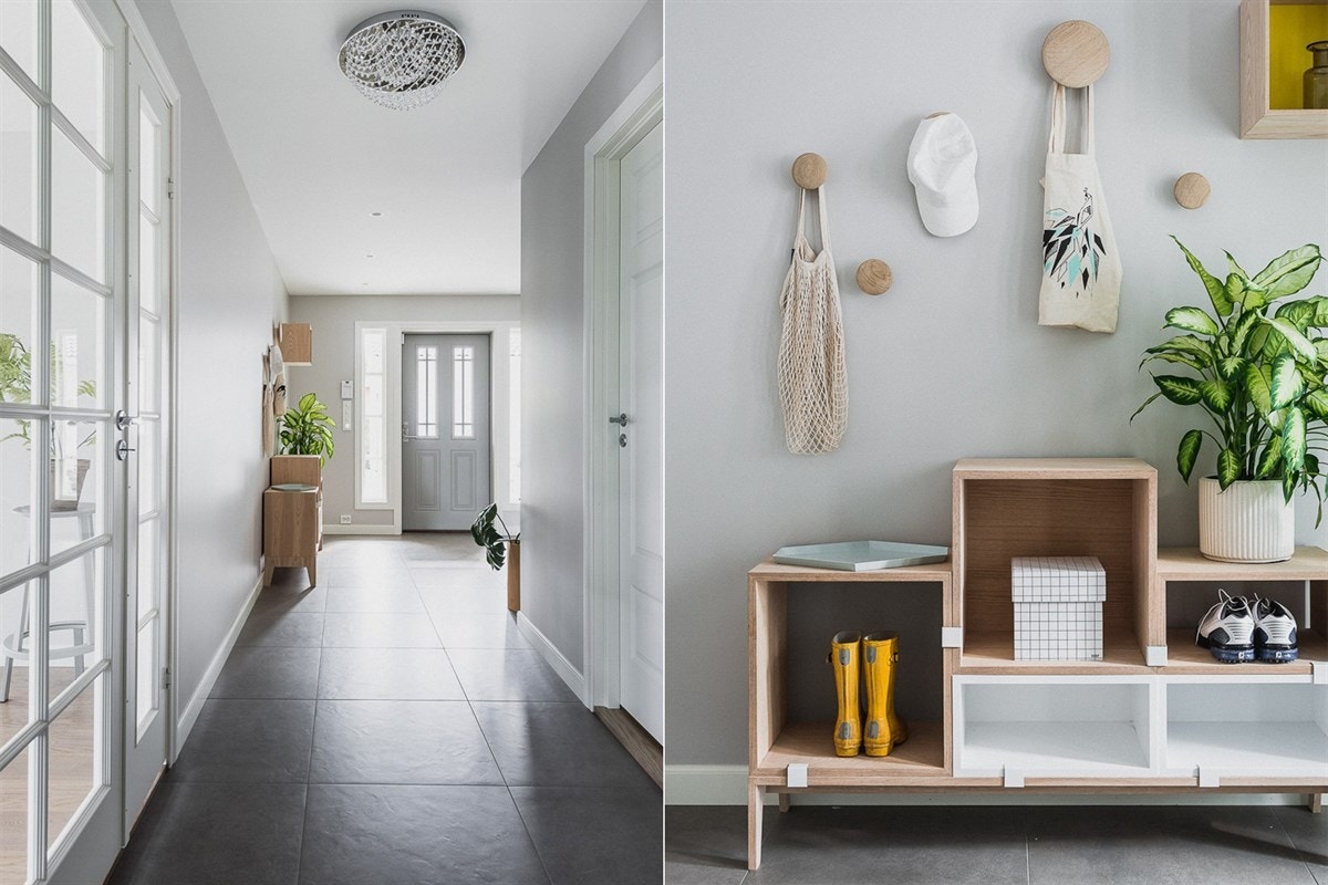 Hallen er et romslig første møte med husets indre,stor og praktisk for en barnefamilie. Galleribilde