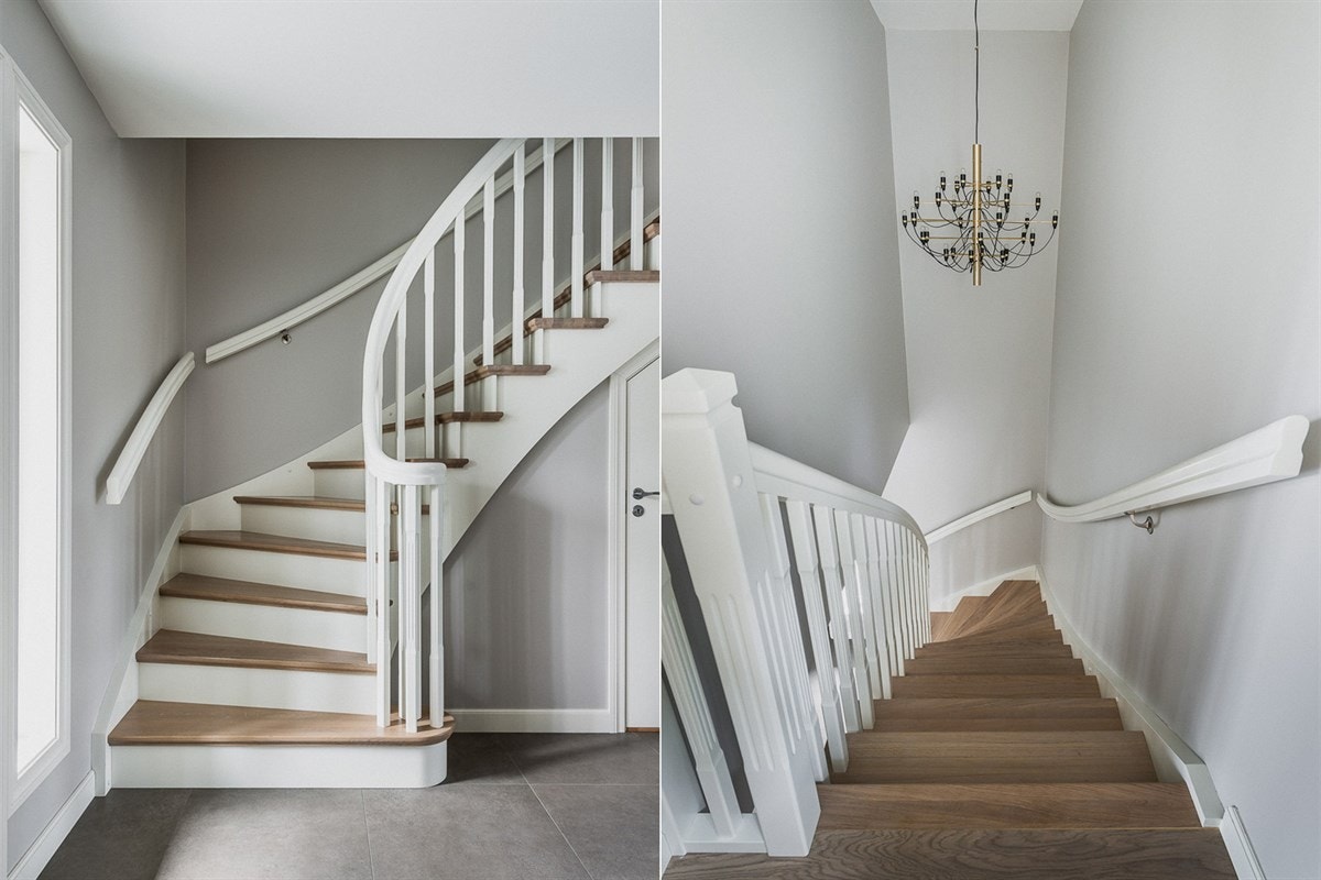 Til andre etasje går du via en klassisk Christiania trapp fra Trapperingen, med trinn i lys grå, heltre eik og en dekorativ Flos messinglampe hengende over. Trappen er lukket under med kjempe gode oppbevaringsmuligheter. Galleribilde