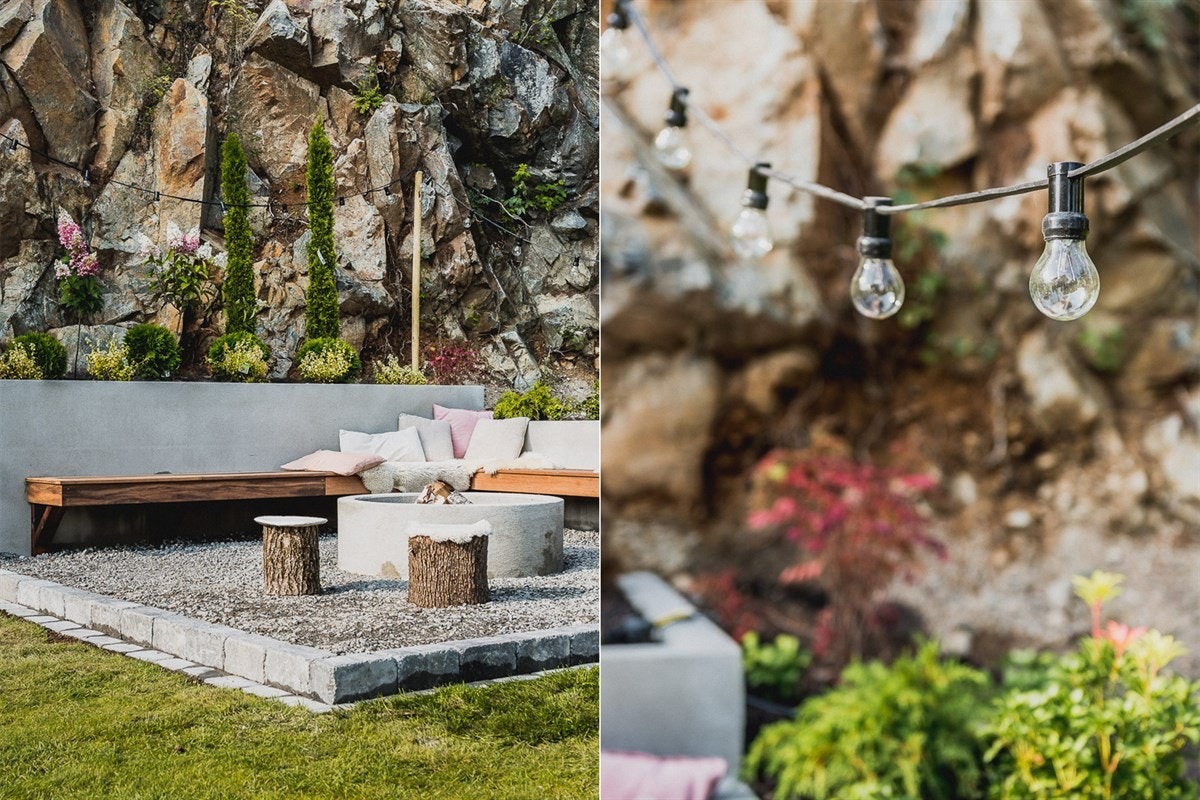 Voluminøse, støpte blomsterkasser av betong er pent beplantet med prydbusker. Galleribilde