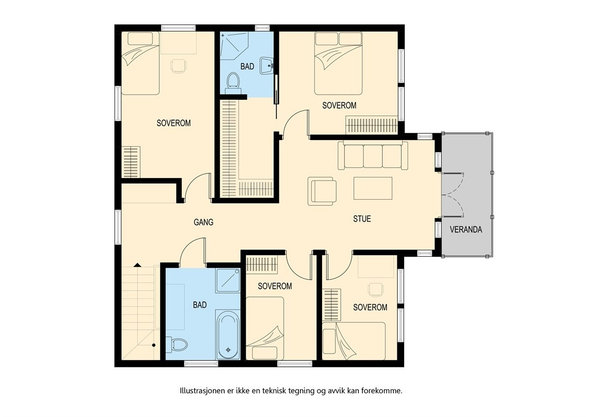 2. etasje: Gang, stue med utgang til balkong, bad og 4 soverom hvorav ett har eget bad og garderobe. Galleribilde