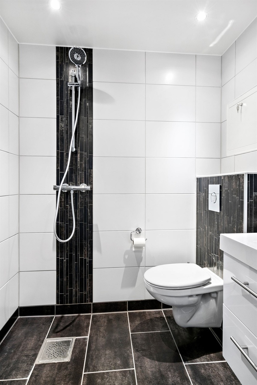 Veggmontert klosett og servant med underskap. Plass til vaskemaskin Galleribilde