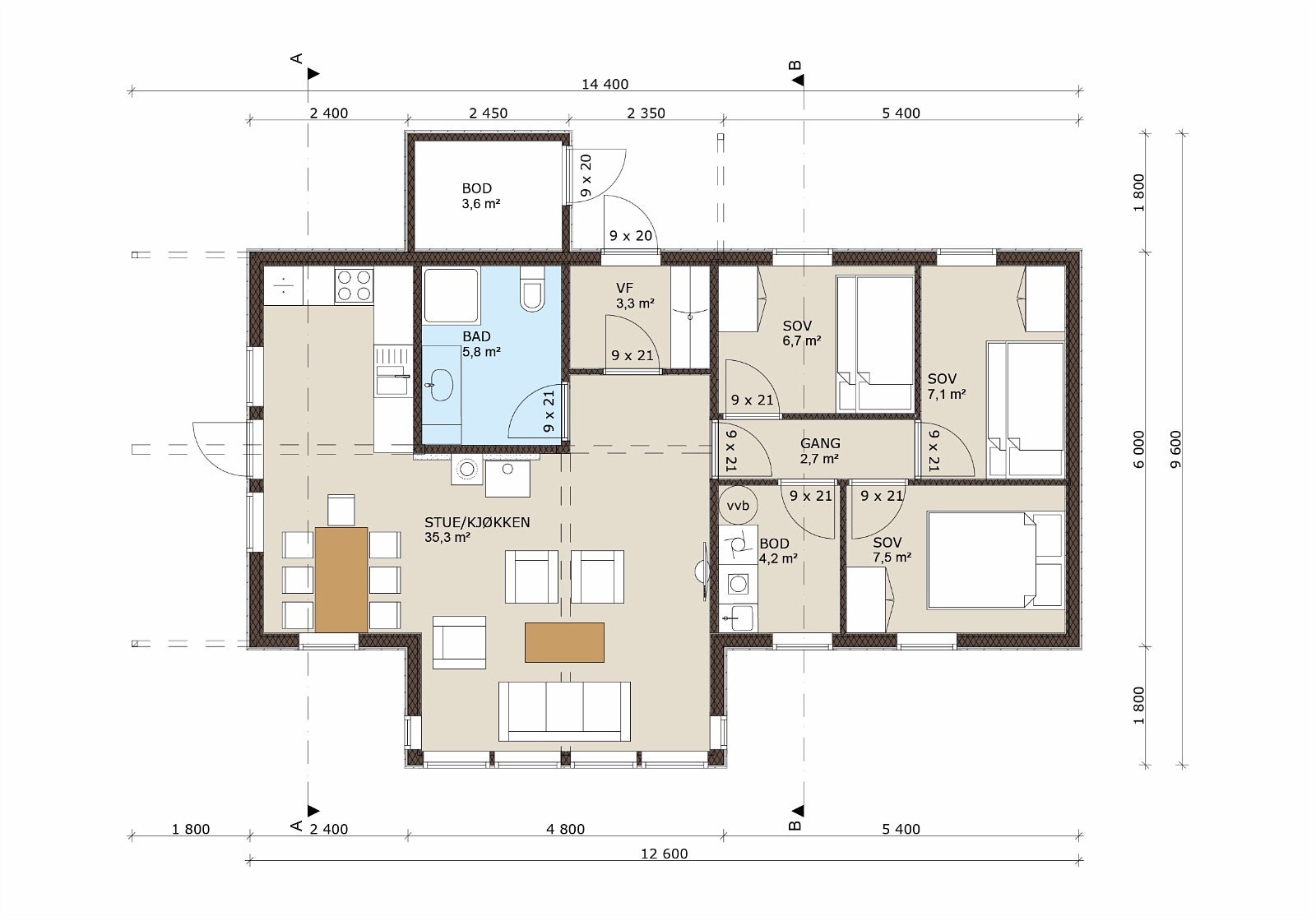 Planinndeling. Hytta har i tillegg hems over vindfang og bad. Galleribilde