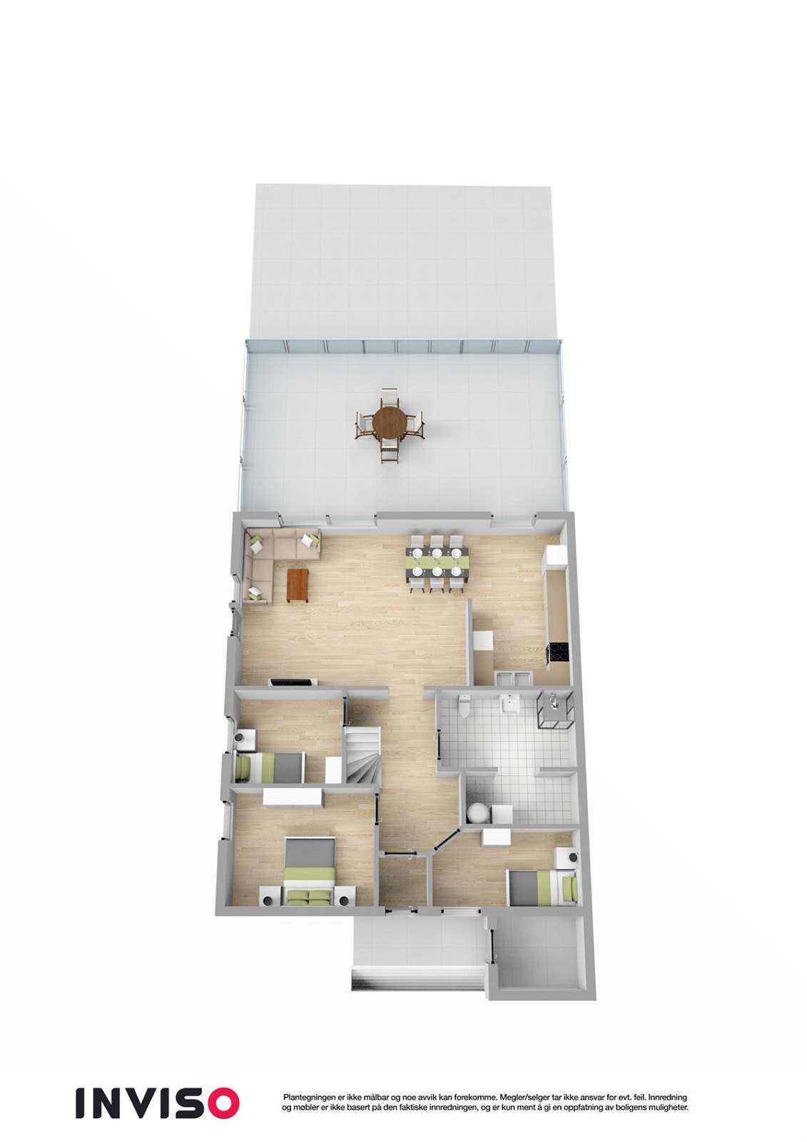 Første etasje: Entré, hall, tre soverom, stue, kjøkken, terrasse, bad med vaskerom. Sportsbod ved inngangsdøren. Galleribilde