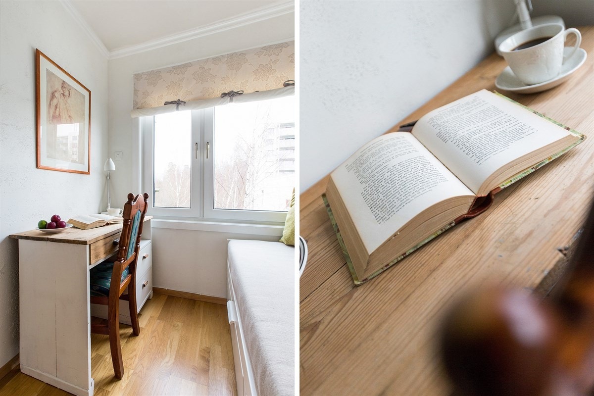 Fra stuen er det opprinnelige soverommet lett tilgjengelig via en plassbesparende skyvedør. Galleribilde